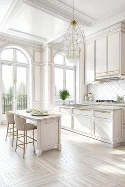 Design the interior decoration of a kitchen room with a lot of natural light and modern with a light color theme in french style