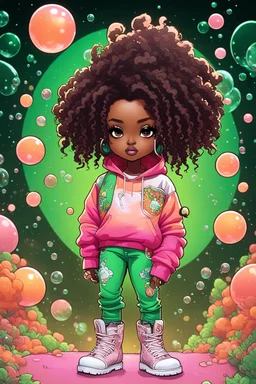 Create an colorful psychedelic comic book illustration of a chibi cartoon black female thick curvy wearing a cut of green and peach hoodie and white jeans and timberland boots. Prominent make up with long lashes and hazel eyes. Highly detailed shiny sister locs. Background of a large bubbles all around her