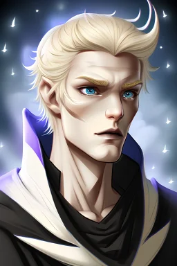 Celestial warlock, changeling, blonde man, blue eyes, handsome, mid-20s, cheeky, gay, stubble, strong jaw, tall and lanky, dnd character