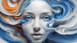 A female face, made of a vibrant and abstract representation of fluid dynamics. It features swirling patterns of colors, predominantly in shades of mostly white, and small amount of blue, that seem to be in motion. The patterns are non-symmetrical, with the colors flowing and intertwining in a mesmerizing manner. The image gives an impression of a liquid or gas in motion. focus on the face eyes. This should reflect a transparent effect.
