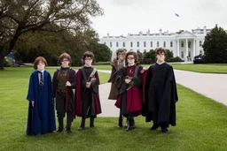 realistic young Harry Potter movie characters in front of white house