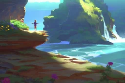 a boy is hanging on the edge of a cliff, holding on, another boy is helping him, holding his hand from above, flowers on the edge of the cliff, waterfall in the sunlight in the background