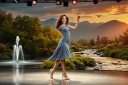 very beautiful lady with makeup curvy hair pretty jeweled lace gray blue dress high heels, full body dancing gracefully in a modern open stage with dynamic turnning lights in a heaven like country side with dreaming trees and a pretty fountain in river flowers mountains in distance,birds,river with water falls