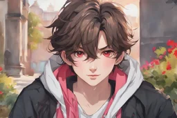 close up headshot portrait of beautiful teenage boy who looks like a girl, brown hair, red eyes, pretty body, pretty legs, perfect face, Wadim Kashin, James Gurney, Ink, splash art, amazing beauty, college courtyard background, has pink accents on clothes, anime style