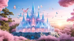 photo of one illuminated transparent crystal castle, translucent blue crystal palace at the top of a magical hill with trees in pink bloom, clear blue sky, white butterflies and birds in flight, soft pink light, sunrise in the background, 4K