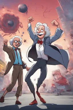 Sir Isaac Newton Brofisting the camera with Albert Einstein hitting the whip nae nae in the background with an atomic bomb going off in the background in the style of Spider-Man into the spider-verse.