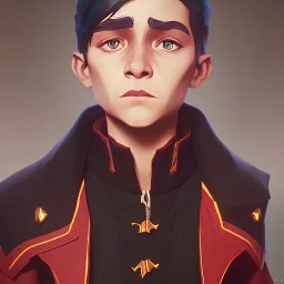 Portrait of a 9 year old warlock boy with beautiful eyes Nick Harris style