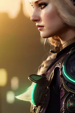 Druid character, young woman, cat ears, blonde hair, long hair, green eyes, scars on body, waist up portrait, 4k resolution, intricate details, ornate details, soft lighting, vibrant colors, retroanime, masterpiece, intricate eyeliner, dark eyeshadow, eyes, intricate tattoos, futuristic cityscape background