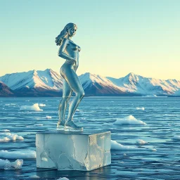 in a frozen sea with pretty mountains a full lady ice statue in artist pose standing over a ice block looking at camera, of clear glass like ice that going to melt and water drops fall from all body.