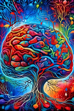 a surreal and artistic representation of a human brain. The right side of the brain, reveals an intricate inner world. Inside, there are vibrant elements such as colorful nature and space and radiant lights. The other half of the brains shows a new dimension . The overall composition creates an ethereal and fantastical atmosphere. It’s a captivating blend of organic shapes and geometric patterns, inviting viewers to explore the depths within the mind. 🌟🍄🌈 hight quality detailed vector art