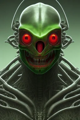 green alien, head, evil, red eyes, big silver teeth, weapons, blood, 8k, finely detailed, photo realistic, HR Giger style