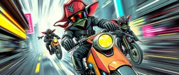 robotic ai pirate ninja nepotism in the style of fallout 4 hi speed rocket ship on leaning scooter in a swing, coated rat gremlin captain in high speed pursuit among neon spy vs spy rat cyber soldiers, with background motion blur, airbrush and pen outline, in the style of Fallout 4 and Cyberpunk and GTA5, huge sun glasses with mirror reflection, tounge out