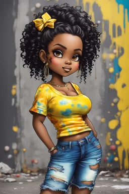 create a colorful abstract graffiti art image 8k of a chibi curvy black female wearing torn jeans pants and a yellow tie dye off the shoulder blouse. Prominent make up with hazel eyes. Highly detailed long tight curly PONYTAIL