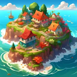 Isla paradisiaca, con mar y casas elegantes con muchas flores
