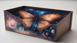 a box 10 cm long by 5 cm wide and 25 cm high, drawn on a box on all sides, butterfly nebula, space, tress, planets, realistic