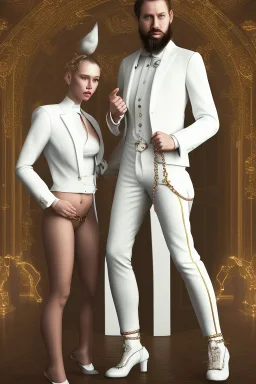 BDSM style, 8K, a Highly detailed portrait of a Dom man holding a kneeling submissive woman leash, white suit, beard, and short hair, bad boy