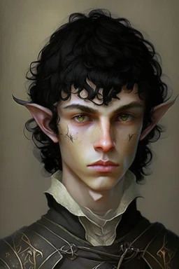 a teen elf, full lenght. he has curly, black hair and sharp cheekbones. His eyes are black. He wears fantasy medieval clothes. he is lean and tall, with pale skin.