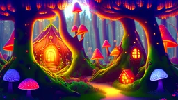 fantasy forest with alot of decorations, glowing mushrooms, village