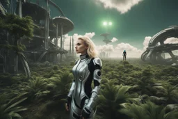 Wide angle photo of a sci-fi slim woman with blond hair, silver and black futuristic spacesuit looking android-like, standing on a derelict alien jungle planet with cloud trees in multiple green hues