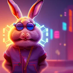 pixar style anamorphic cute rabbit baby, smiling, cyberpunk headphone, sunglass, gangsta gold neckless, full body, magenta puffer jacket, manila city backdrop, dramatic lighting, hyper realistic, unreal engine 5, 16k