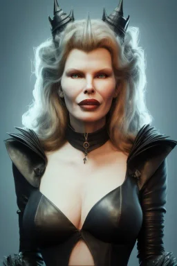 Kim Basinger as evil queen in black leather, busty, cleavage, curvy, angry, happy, stern look. character design by cory loftis, fenghua zhong, ryohei hase, ismail inceoglu and ruan jia. unreal engine 5, artistic lighting, highly detailed, photorealistic, fantasy