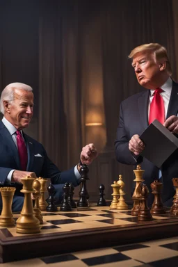 A hyper-realistic , Joe Biden and Trump in a game of chess,Trump smiling ,Biden angry, 64K, hyperrealistic, vivid colors, (glow effects:1.2) , 4K ultra detail, , real photo