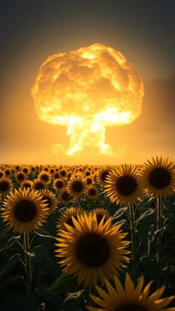 A field of random sunflowers with bright lighting , at the end of the picture is a dark background a huge nuke explosion