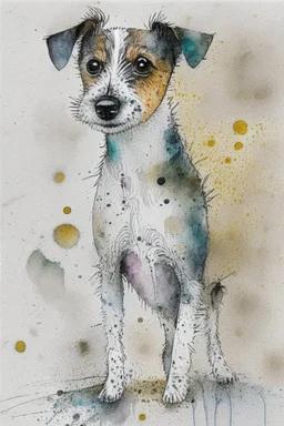 Abstract wet watercolour of a rough coated jack Russell, ink lines, interlinked circles, detailed,focus on eyes, watercolour paper