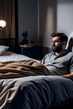 sitting next to a man, that is sleeping on a bed