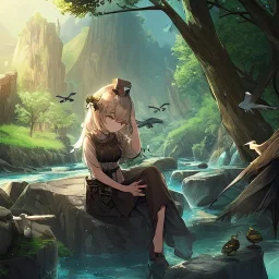 anime girl meditating,girl is sitting down with her eyes closed and she has her head tilted up, rock trees, birds, creek