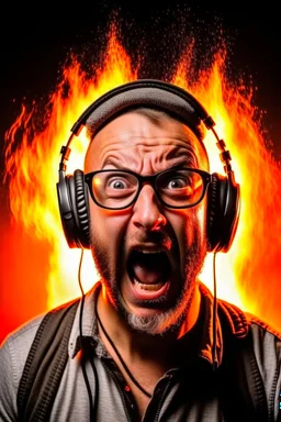 Portrait of a man with a radio helmet on his head. Wearing glasses. A small beard pepper and salt. He is bald. White race. He is a metal fan and screams. Flames surround him.