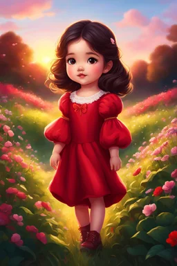 Digital painting of a cute little girl in a gorgeous red puffy sleeve dress, front view, cute chibi face, dark hair, glowing eyes, rosy cheeks, red lips, sunset, back light, clover field in the background, Disney art, digital painting style, High Quality, 4k