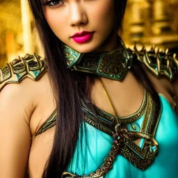 beautiful asian thai queen with black leather studded armor, delicate cyan braided hair, green glass eyes, highly detailed, 8k, ambient light, taylor swift