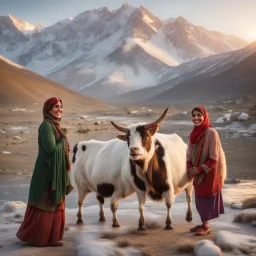 Pakistani Pukhtoon Women smiling at sunrise riverside & snowy mountains with a cow, a goat, a chicken & birds flying