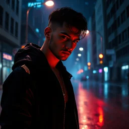 Premium 2026 album cover, dark melodic trap soul aesthetic. Emotional male singer in black streetwear and leather jacket, alone in a rainy city at night, intense heartbreak expression, cinematic blue-violet atmosphere, wet pavement, soft fog, subtle ghostly female silhouette dissolving from his chest. Modern editorial photography, raw emotion, realistic skin, dramatic lighting, deep shadows, high-end music branding, bold contemporary 2026 composition, photorealistic, ultra-detailed, 8K. GHOST I
