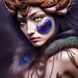 Insanely detailed photograph of an elaborate beautiful hawk goddess intricate glowing skin eyes intricate face hair lashes fur dress hyperdetailed painting by Anna Dittmann Huang Guangjian and Dan Witz CGSociety ZBrush Central fantasy art album cover art 4K 64 megapixels 8K resolution HDR Greek shiny space colours jewelry celestial hair eyes light"