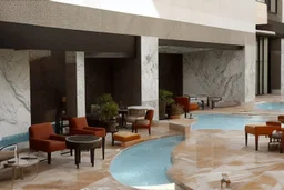 bookmatch effect marble on the wall of a luxury hotel with a rooftop pool. there are many tourists on the sunny patio