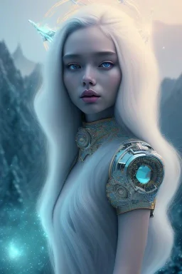  paysage de lac de montagne glacé très détaillé, Femme cosmique, belle, collier, cheveux long blanc, magnifique, illustration, ciel étoilé bleu, éclairage cinématographique, 4k, 8k, rendu octane, art conceptuel numérique, tendance sur artstation, pinterest, éclairage ambiant extrêmement détaillé.