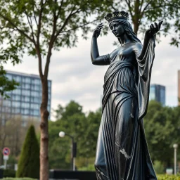 photo of a lady statue made of black marbel showing a goddoss love in a modern city center park