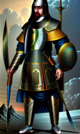 Islamic army commander from the Mamluk era, chin, shield, sword, helmet, mare , full body, cinematic, 8k, resolution concept art portrait by Greg Rutkowski, Artgerm, WLOP, Alphonse Mucha dynamic lighting hyperdetailed intricately detailed