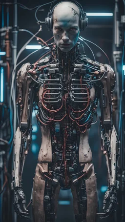 um ser humano com estrutura corporal metade humano metade robo, made with metal parts and human parts, cabos de energia, em um universo cyberpunk, estilo cyberpunk, RAW, realist phoyo, cinematografic, analogue, 8K UHD, DSLR, alta qualidade, grain of film, fujifilm XT3, arte de rutkowiski e argerm, cinema, adobe lightroom, photolab (hiper-realismo)