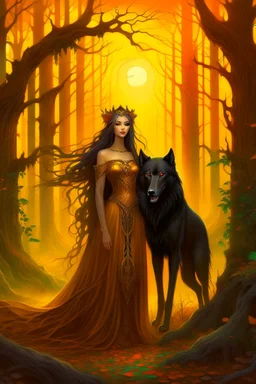 In the heart of a dense and enigmatic forest with towering ancient trees cloaked in amber foliage stood a bewitching sorceress possessing an ethereal allure her lustrous hair cascading in ebony waves down to her slender waist that turns into roots In the background a faithful companion a majestic canine of Belgian shepherd lineage roamed at her side its eyes illuminated by an otherworldly crimson glow exuding an aura both mysterious and demonic