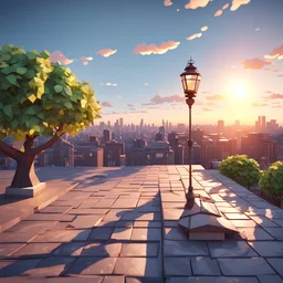 Background: rooftop overlooking a city on a bright sunny day landscape, clouds, tree branch, paved sidewalk, lantern, 3d asset, low poly Camera: frontal angle, 45°, 50 mm. Lighting: setting sun, LED lights, flashlight. 3d asset, cartoon style, low poly