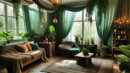 Transform the living room into an enchanted forest by hanging sheer, green fabric from the ceiling to create a canopy effect, adding potted plants and trees, and using earthy tones and natural materials for the furniture and decor. -