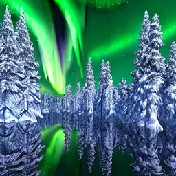 high-quality, fine-detailed winter forest surrounding reflective lake with northern lights in sky, intricate, defined snow-covered trees, a still, black, reflective lake, irridescent, radiant, colorful aurora borealis in night sky, 8k resolution, photorealistic, 3d octane render, digital art, detailed matte, voumetric lighting, photgraphy by Arild Heitmann, Justin Ng, David Lane, Troy Casswell, Luc Perrot