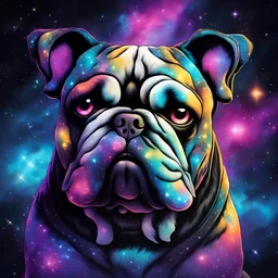 Cosmic Bulldog with ebony black fur that is etched with glowing Constellation patterns living in a vivid nebula in warped comic art style