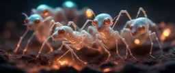 close up on glowing transparent ant skeleton rat babies, raised by ninja necromancer in the wild