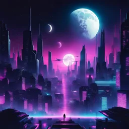 synthwave style pic , a futuristic city with many human eyes flying in the sky, lights , in a black night with a white moon