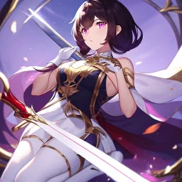 Clear focus, High resolution, Black red faded hair, low small ponytail, purple dead glowing eyes, white detailed split skirt, purple and white detailed sleeveless shirt up to neck, white gloves up to elbow, holding sword, gold necklace, white thigh high boots, zoomed out, (solo)