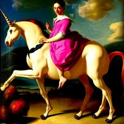 Retrato de una Mujer muy guapa llamada Gemma Arnau Arnau montando un unicornio rosa con el estilo de Diego Velázquez